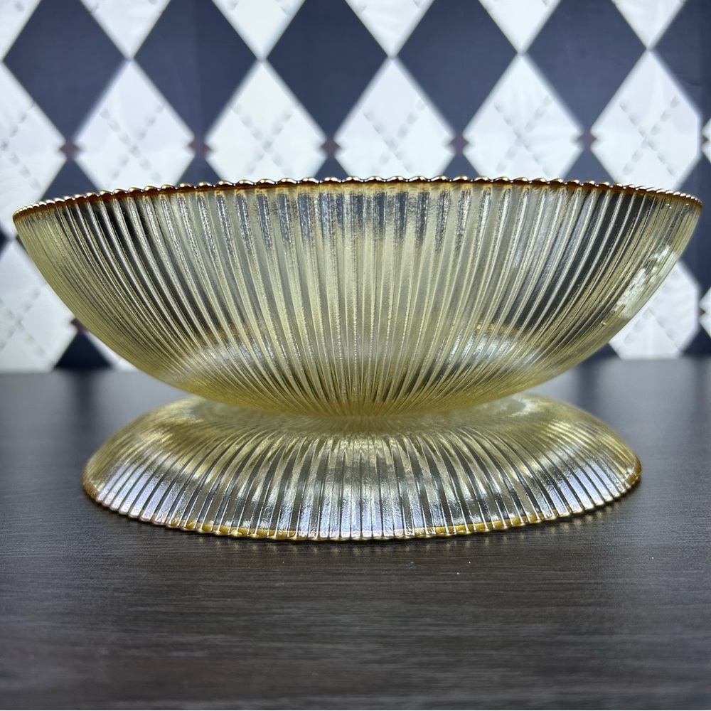 Amber Luster Ribbed Glass Bowl & Plate Set with Gold Rim Contemporary Tablescape - Picture 3 of 13